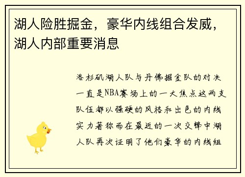 湖人险胜掘金,豪华内线组合发威,湖人内部重要消息