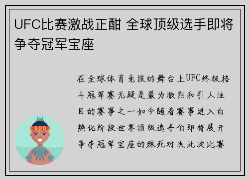 UFC比赛激战正酣 全球顶级选手即将争夺冠军宝座